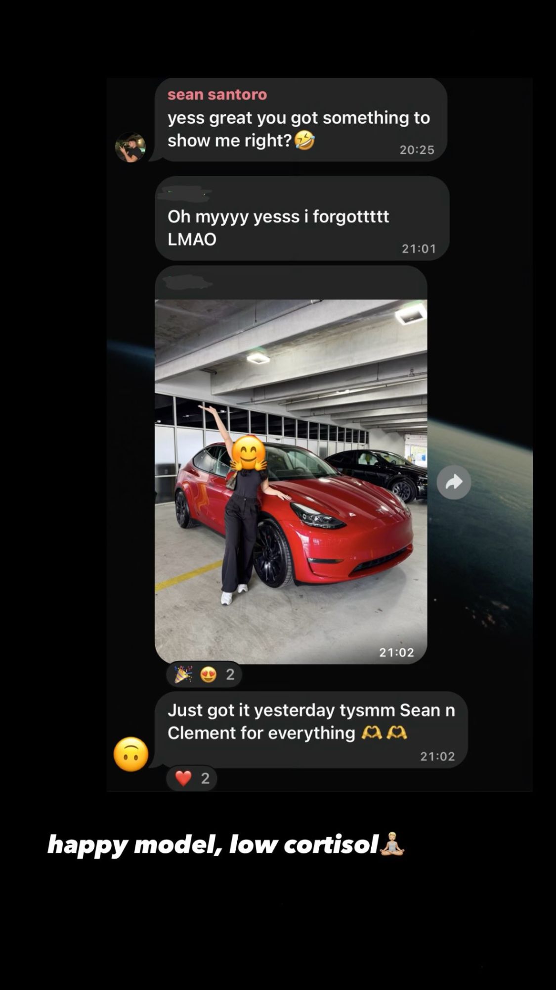 A Vailora creator celebrating a new car purchase funded by her account income